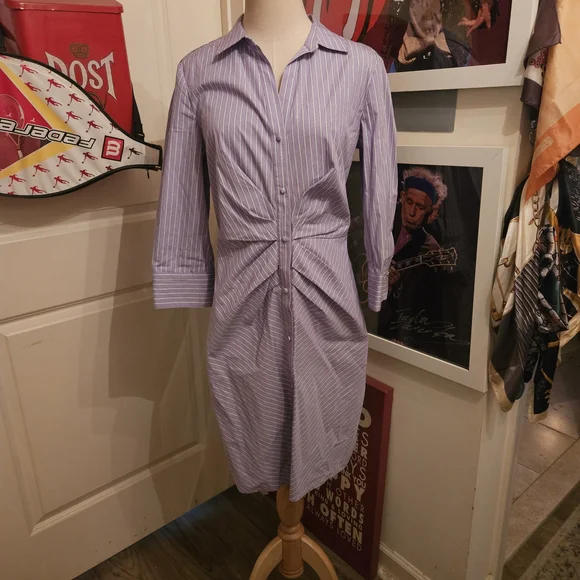 Vince Camuto Lavender & White Striped Twist-Front Midi Shirt Dress - Picture 1 of 6